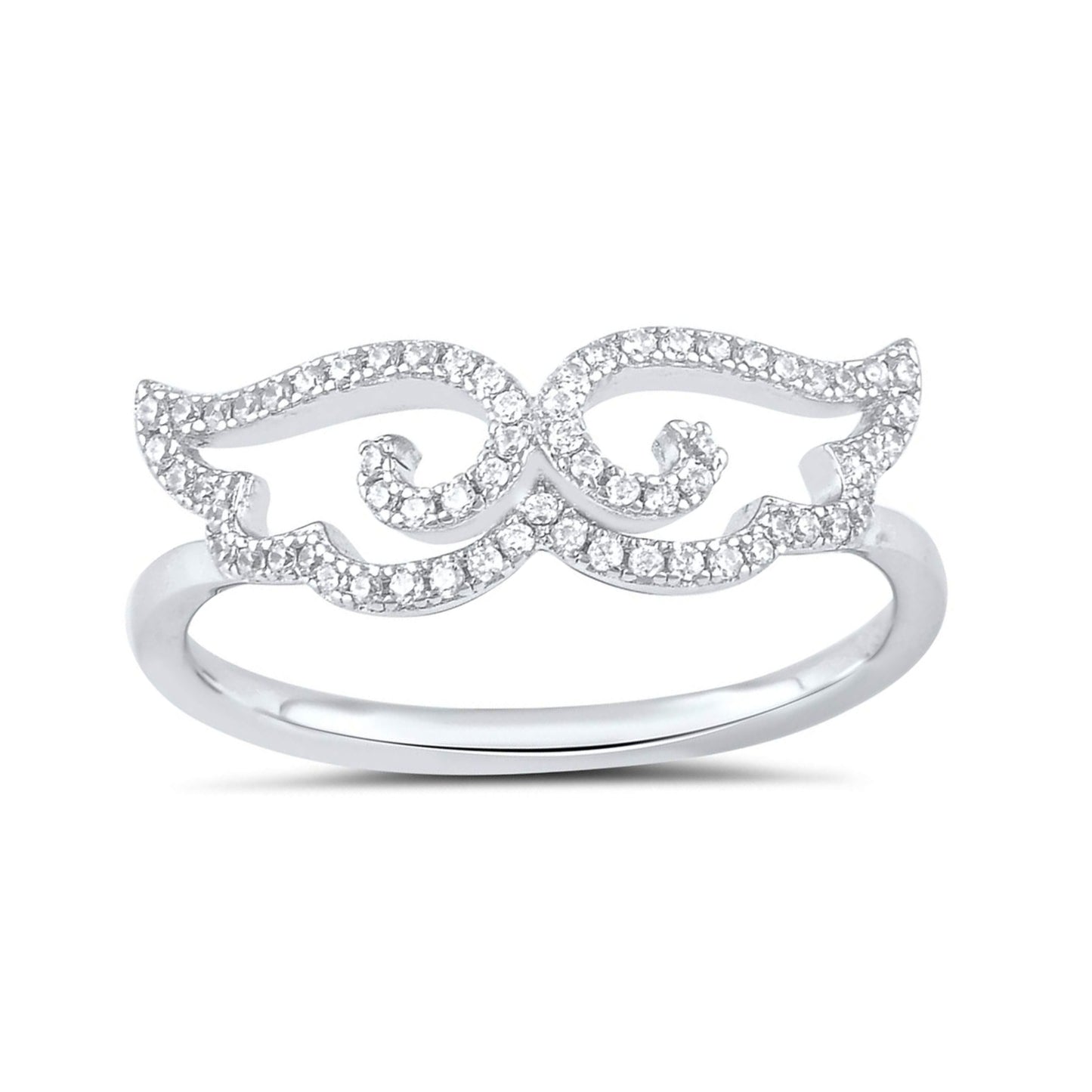 White Gold Over Sterling Silver Ladies Retro Cz Moustache Ring