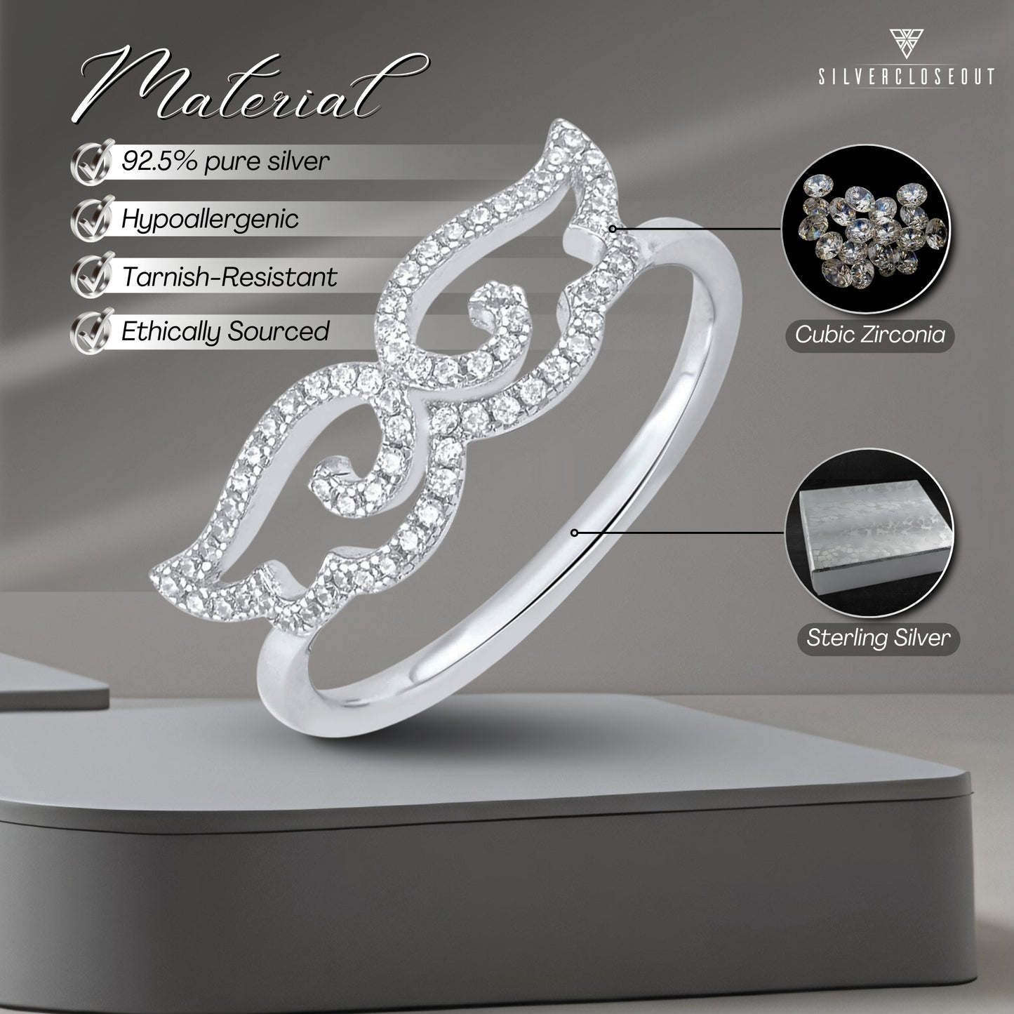 White Gold Over Sterling Silver Ladies Retro Cz Moustache Ring