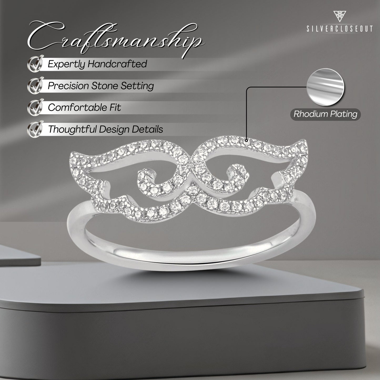 White Gold Over Sterling Silver Ladies Retro Cz Moustache Ring