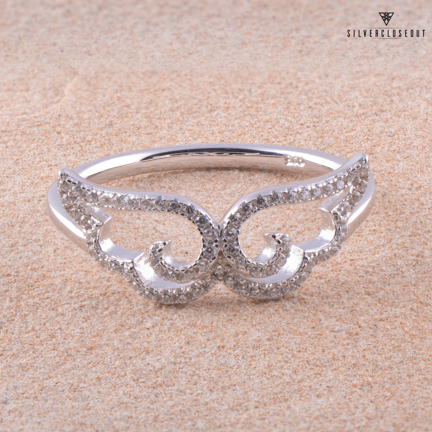 White Gold Over Sterling Silver Ladies Retro Cz Moustache Ring