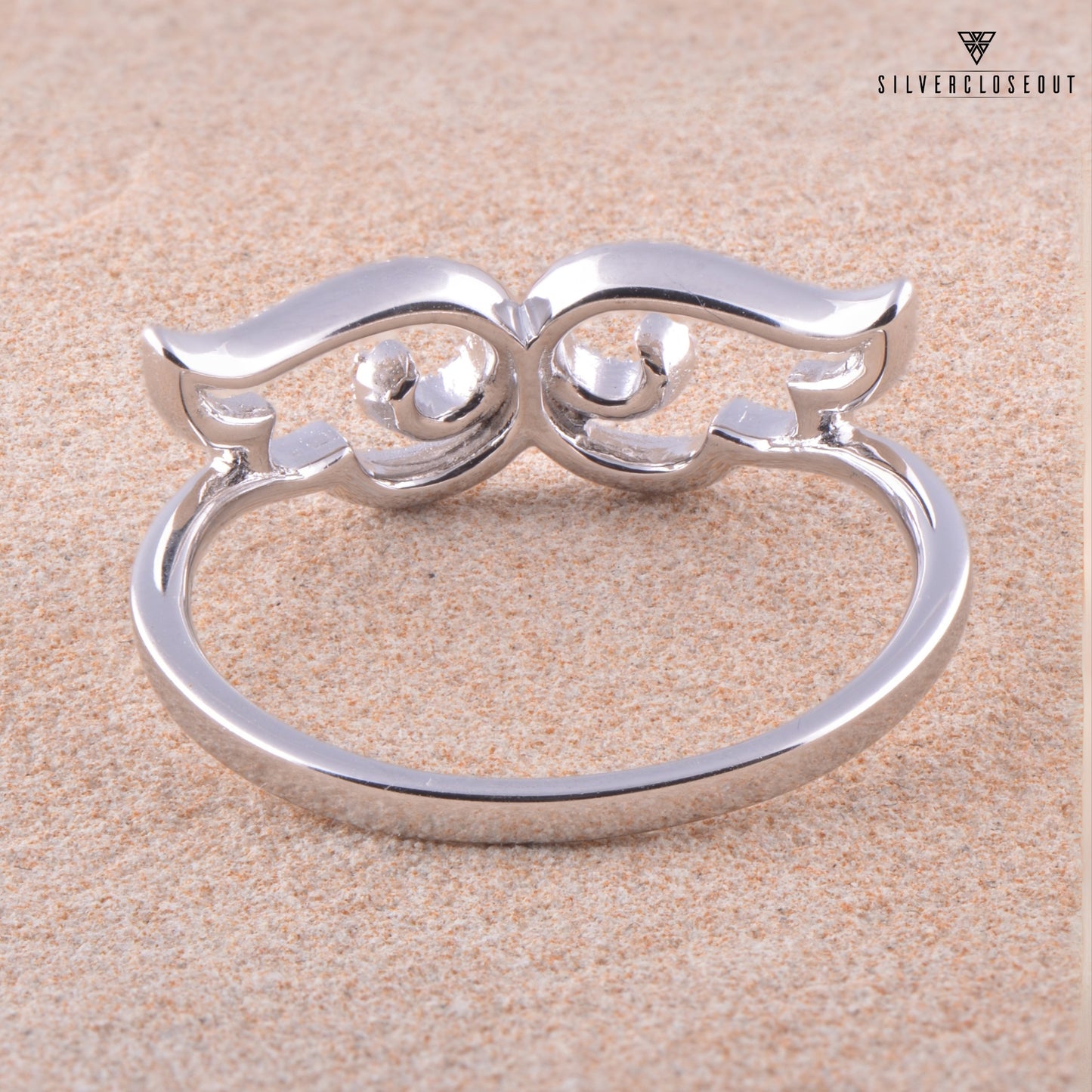 White Gold Over Sterling Silver Ladies Retro Cz Moustache Ring