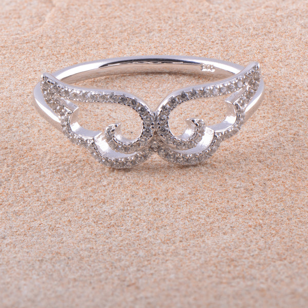 White Gold Over Sterling Silver Ladies Retro Cz Moustache Ring
