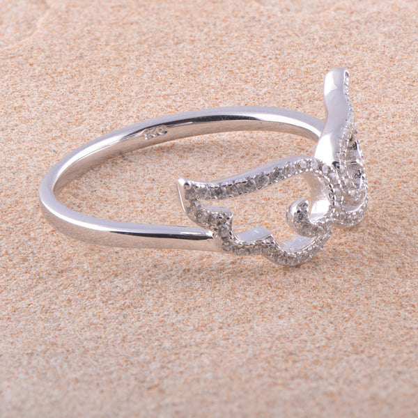 White Gold Over Sterling Silver Ladies Retro Cz Moustache Ring