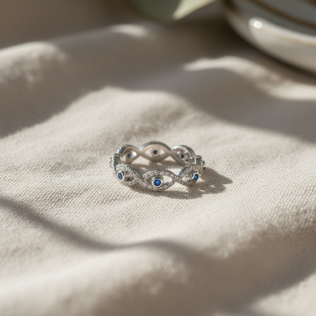 White Gold Over Sterling Silver Womens Cz Evil Eye Eternity Ring  5mm