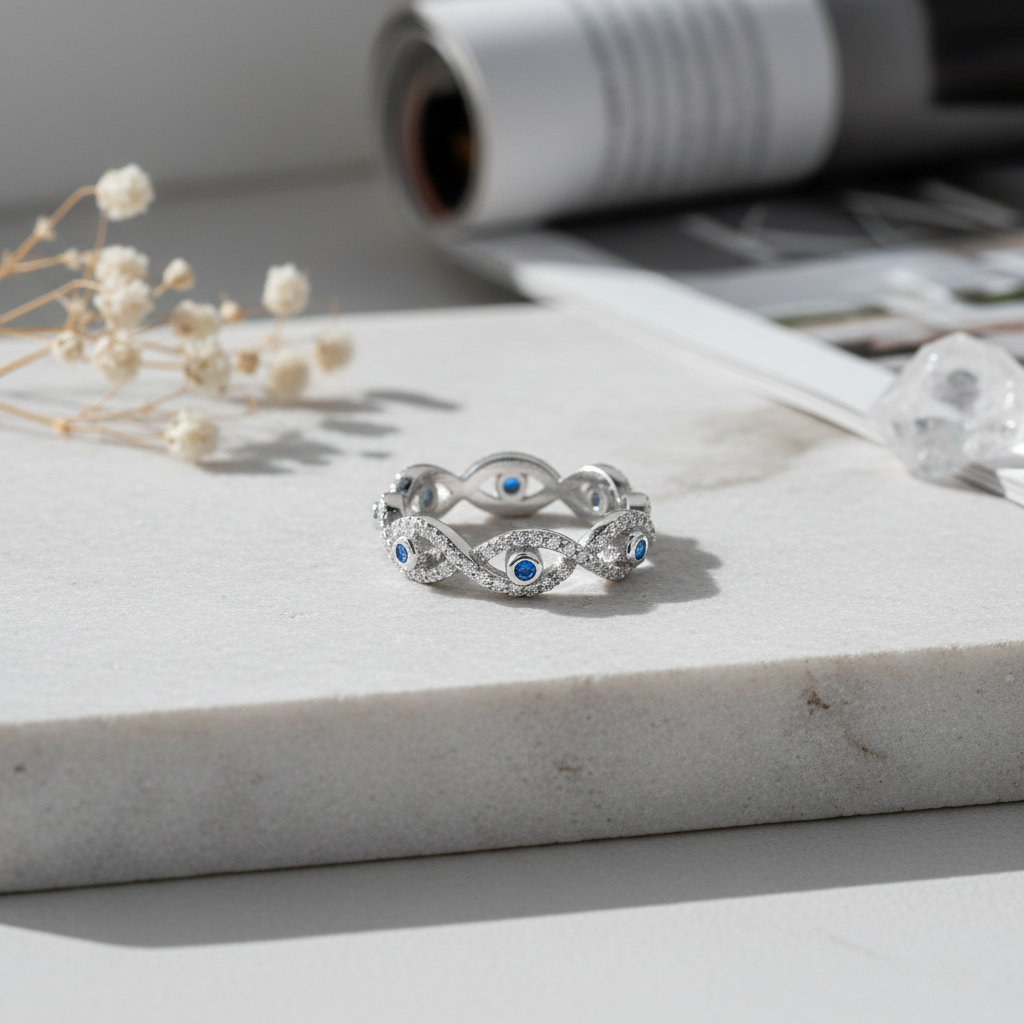 White Gold Over Sterling Silver Womens Cz Evil Eye Eternity Ring  5mm