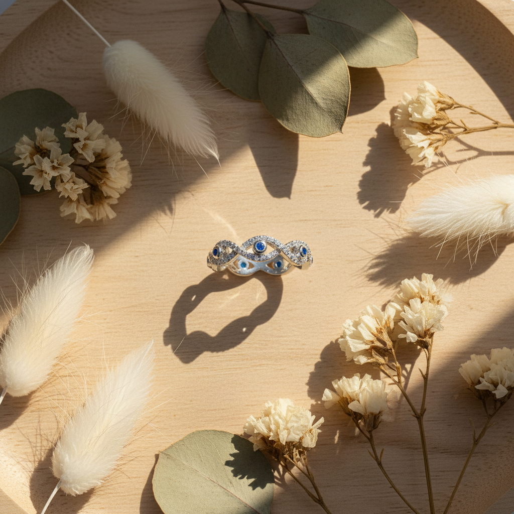 White Gold Over Sterling Silver Womens Cz Evil Eye Eternity Ring  5mm