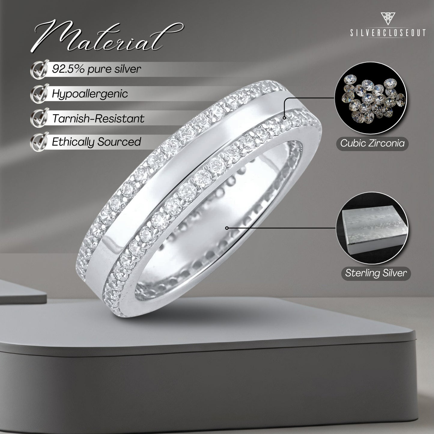 White Gold Over Sterling Silver Unisex Simulated Diamond Striped Eternity Ring