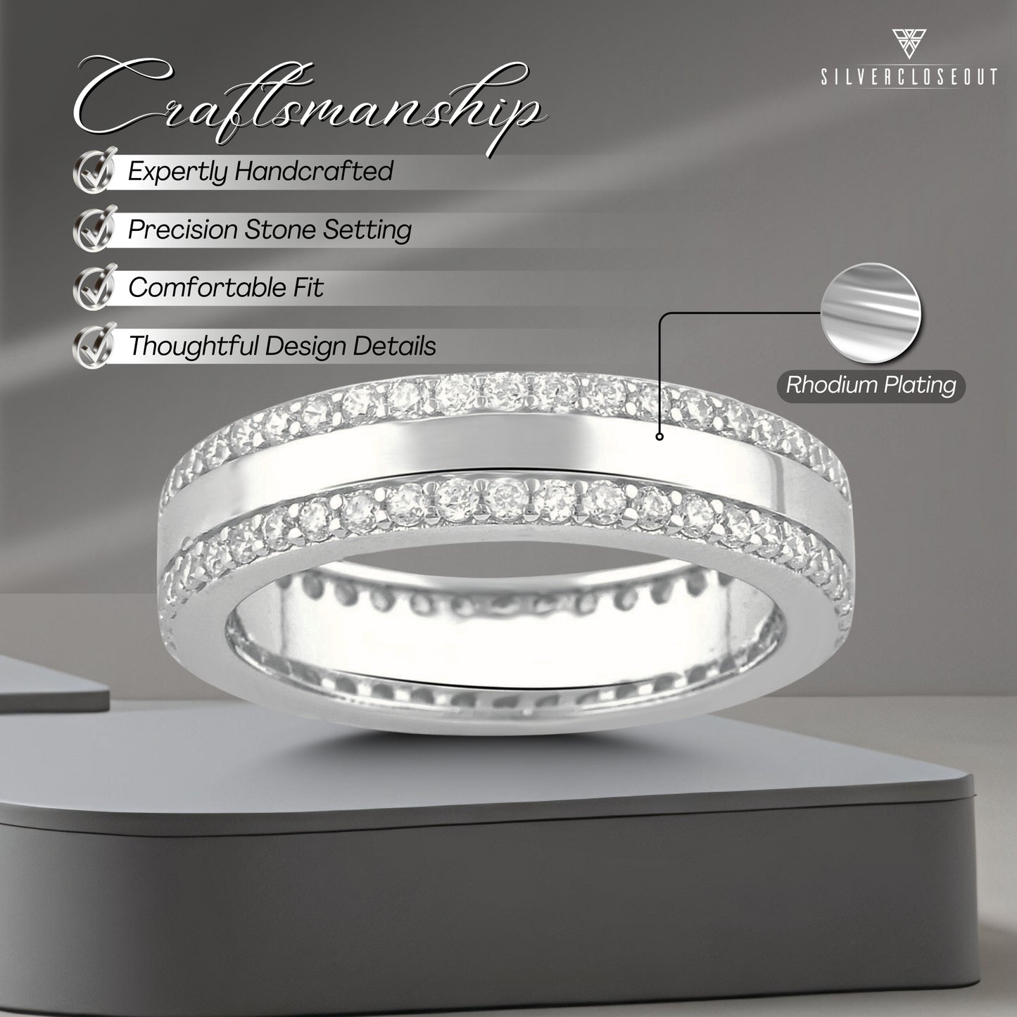 White Gold Over Sterling Silver Unisex Simulated Diamond Striped Eternity Ring