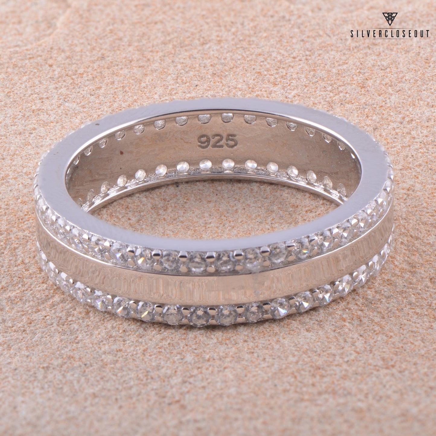 White Gold over Sterling Silver Unisex Simulated Diamond Striped Eternity Ring