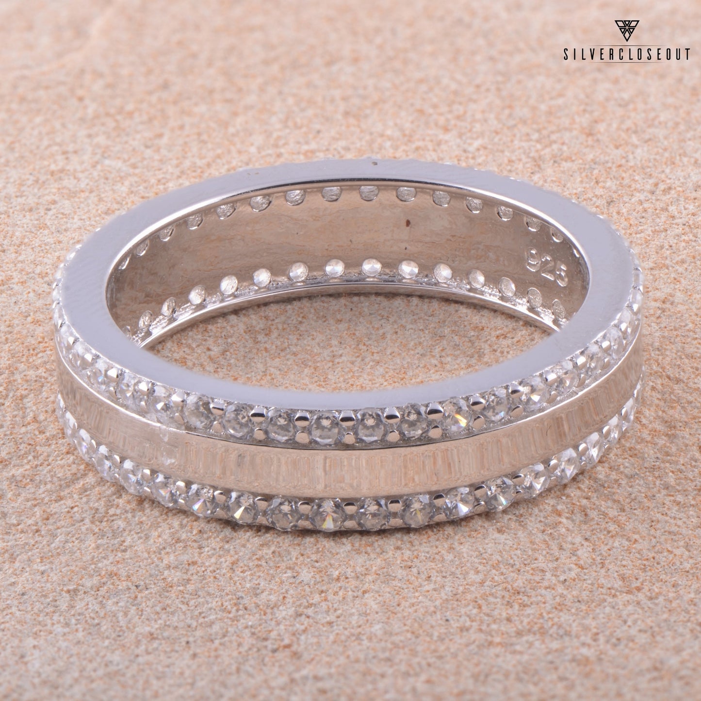 White Gold Over Sterling Silver Unisex Simulated Diamond Striped Eternity Ring