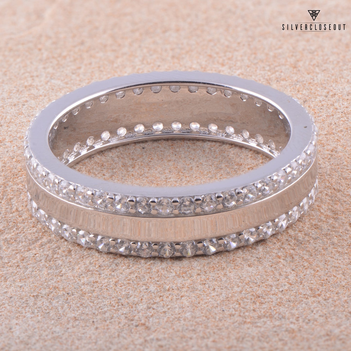 White Gold Over Sterling Silver Unisex Simulated Diamond Striped Eternity Ring