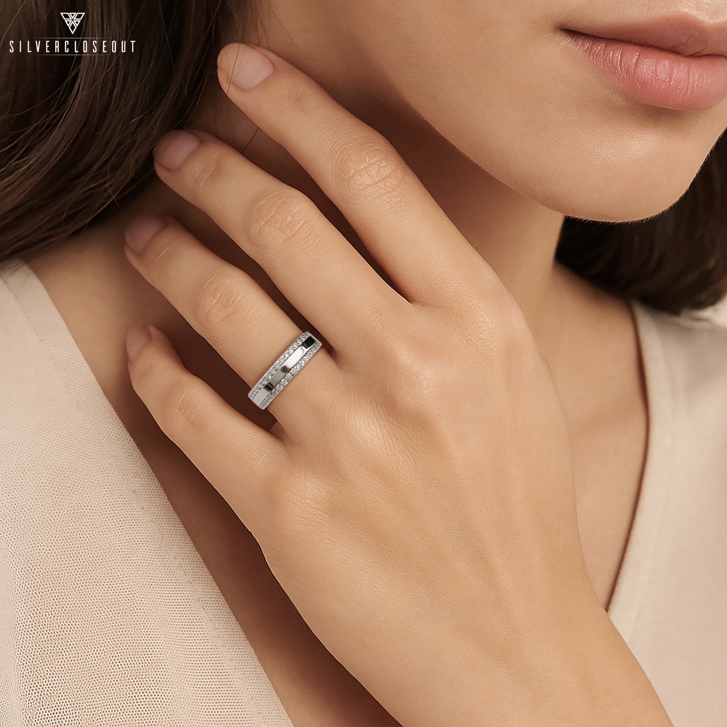 White Gold Over Sterling Silver Unisex Simulated Diamond Striped Eternity Ring