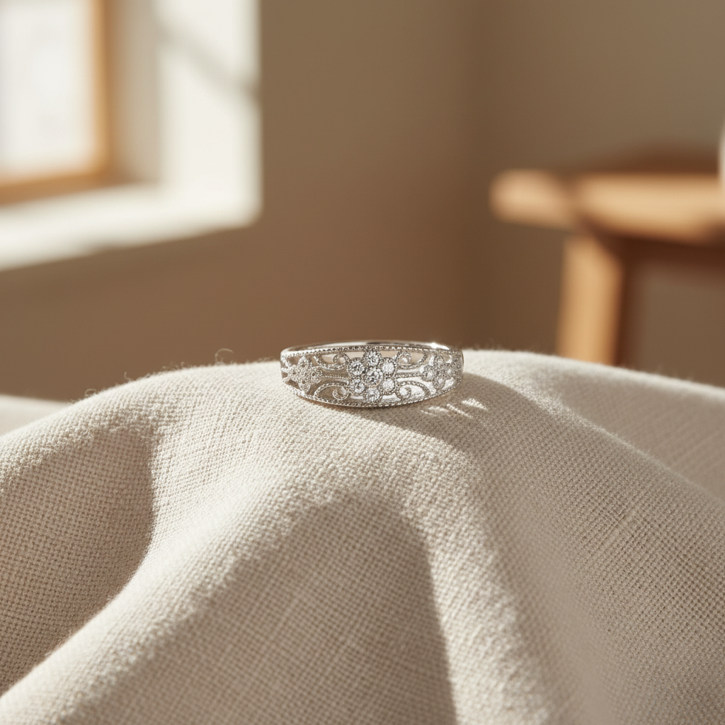 White Gold Over Sterling Silver Womens Dainty Filigree Cz Victorian Flower Ring