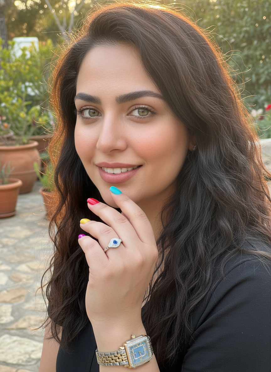 White Gold Over Sterling Silver Womens Blue Cz Evil Eye Amulet Ring