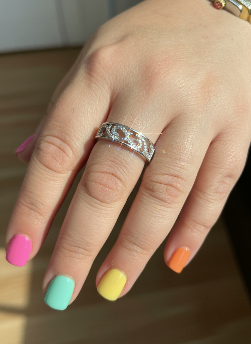 White Gold over Sterling Silver Women's Dainty Simulated Diamond Filigree Vine Ring