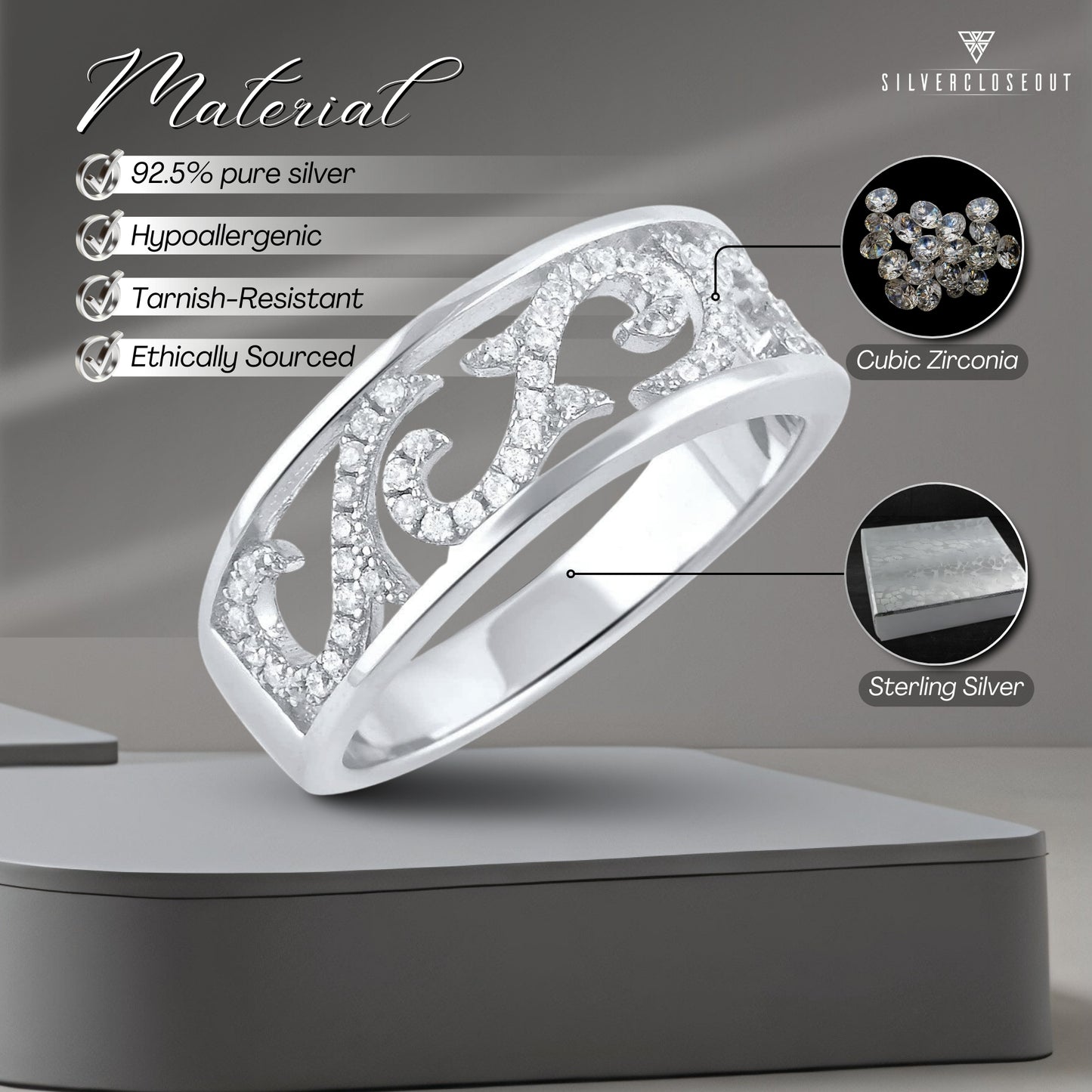 White Gold Over Sterling Silver Womens Dainty Simulated Diamond Filigree Vine Ring