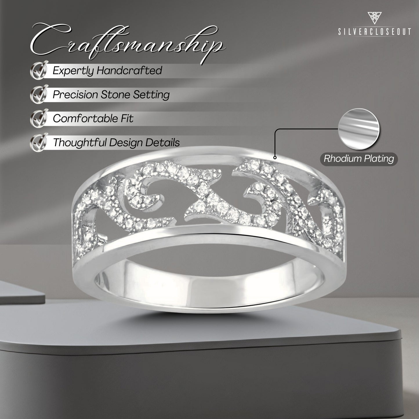 White Gold Over Sterling Silver Womens Dainty Simulated Diamond Filigree Vine Ring