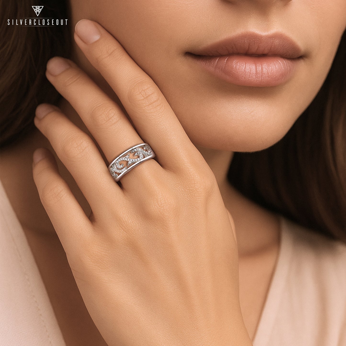 White Gold Over Sterling Silver Womens Dainty Simulated Diamond Filigree Vine Ring