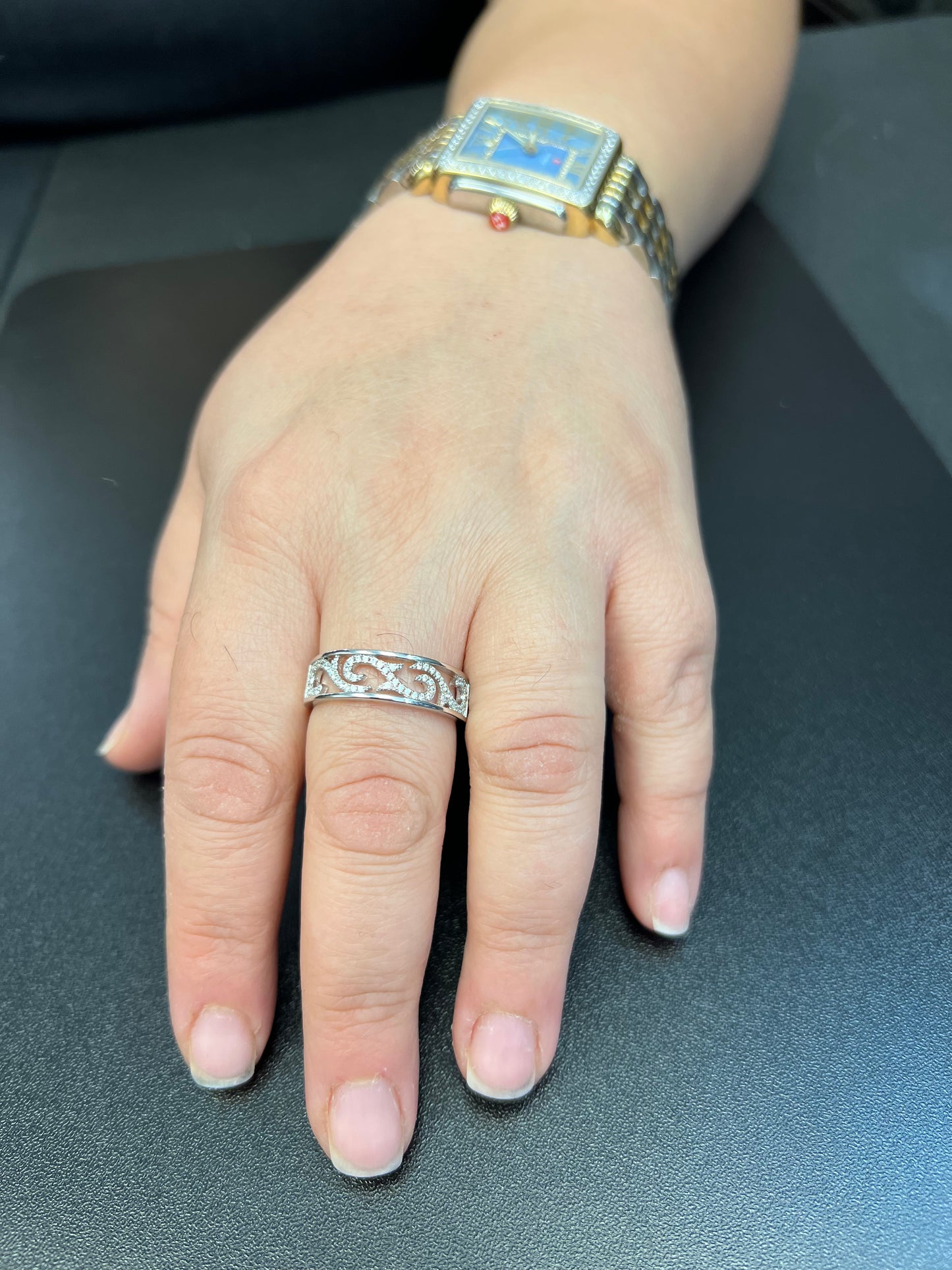 White Gold over Sterling Silver Women's Dainty Simulated Diamond Filigree Vine Ring