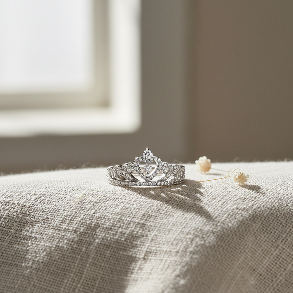 White Gold Dipped Sterling Silver Cz Heart Crown Ring for Women