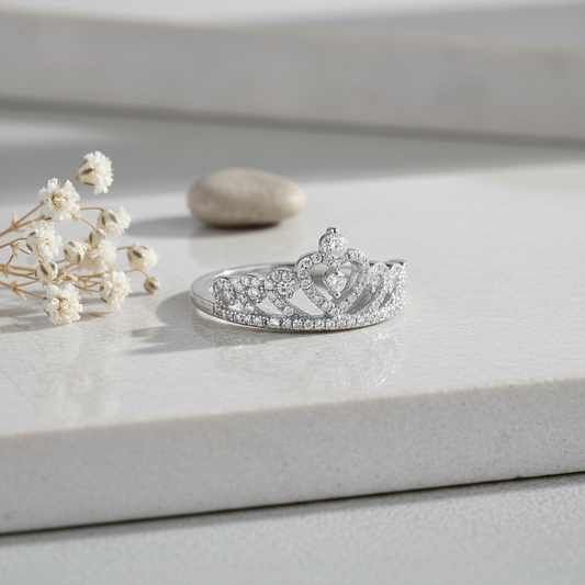 White Gold Dipped Sterling Silver Cz Heart Crown Ring for Women