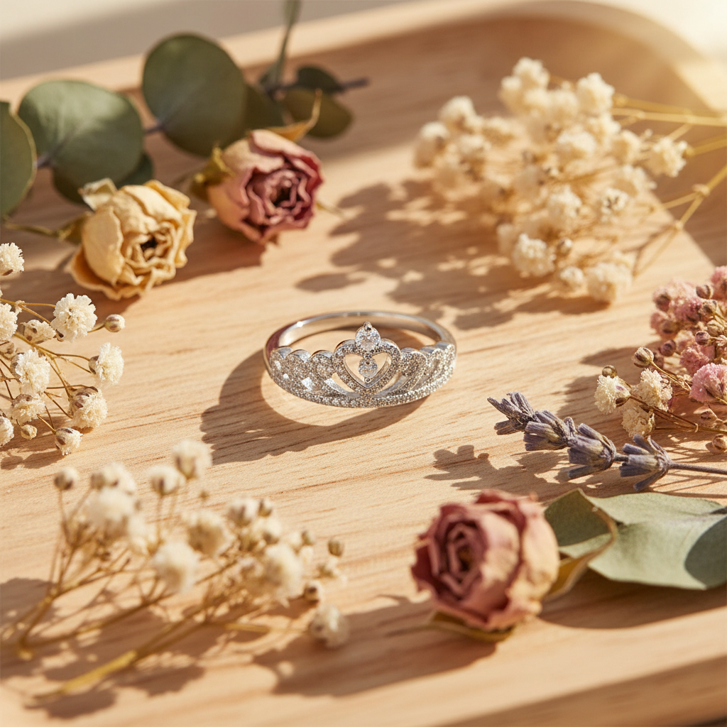 White Gold Dipped Sterling Silver Cz Heart Crown Ring for Women