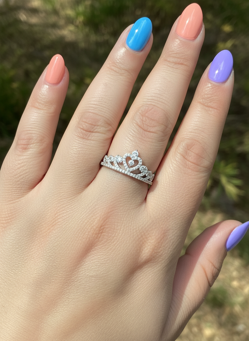 White Gold Dipped Sterling Silver Cz Heart Crown Ring for Women