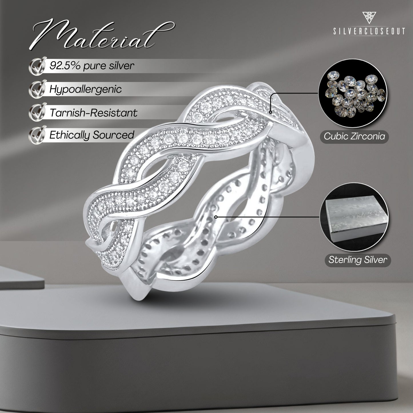 White Gold Over Sterling Silver Womens Wide Simulated Diamond Twisted Eternity Band Ring