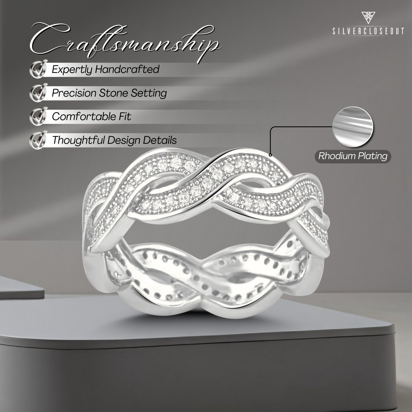 White Gold Over Sterling Silver Womens Wide Simulated Diamond Twisted Eternity Band Ring