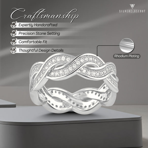 White Gold Over Sterling Silver Womens Wide Simulated Diamond Twisted Eternity Band Ring