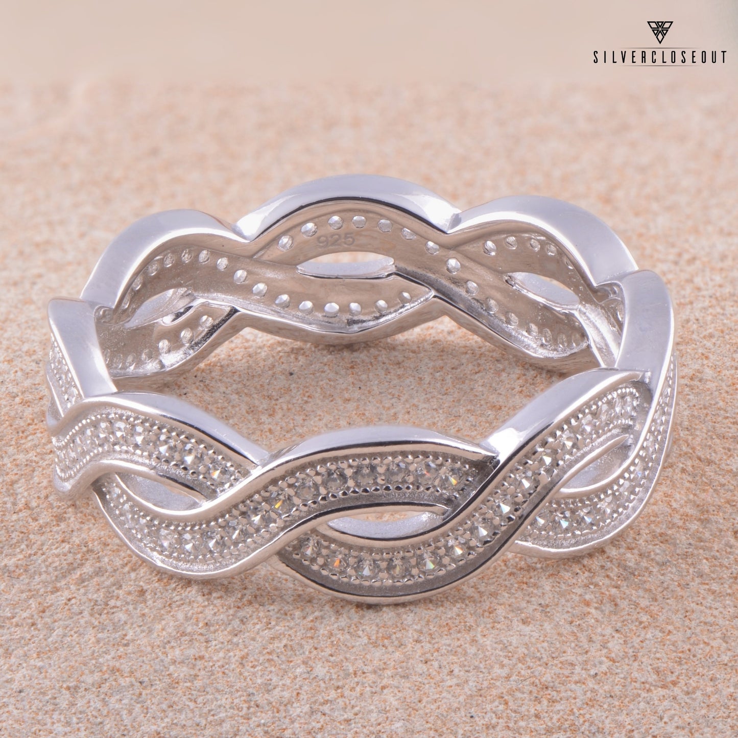 White Gold Over Sterling Silver Womens Wide Simulated Diamond Twisted Eternity Band Ring