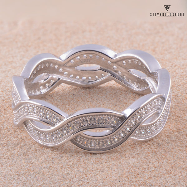 White Gold Over Sterling Silver Womens Wide Simulated Diamond Twisted Eternity Band Ring