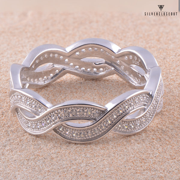 White Gold Over Sterling Silver Womens Wide Simulated Diamond Twisted Eternity Band Ring