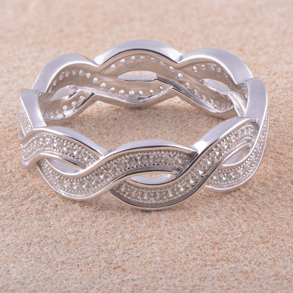 White Gold Over Sterling Silver Womens Wide Simulated Diamond Twisted Eternity Band Ring