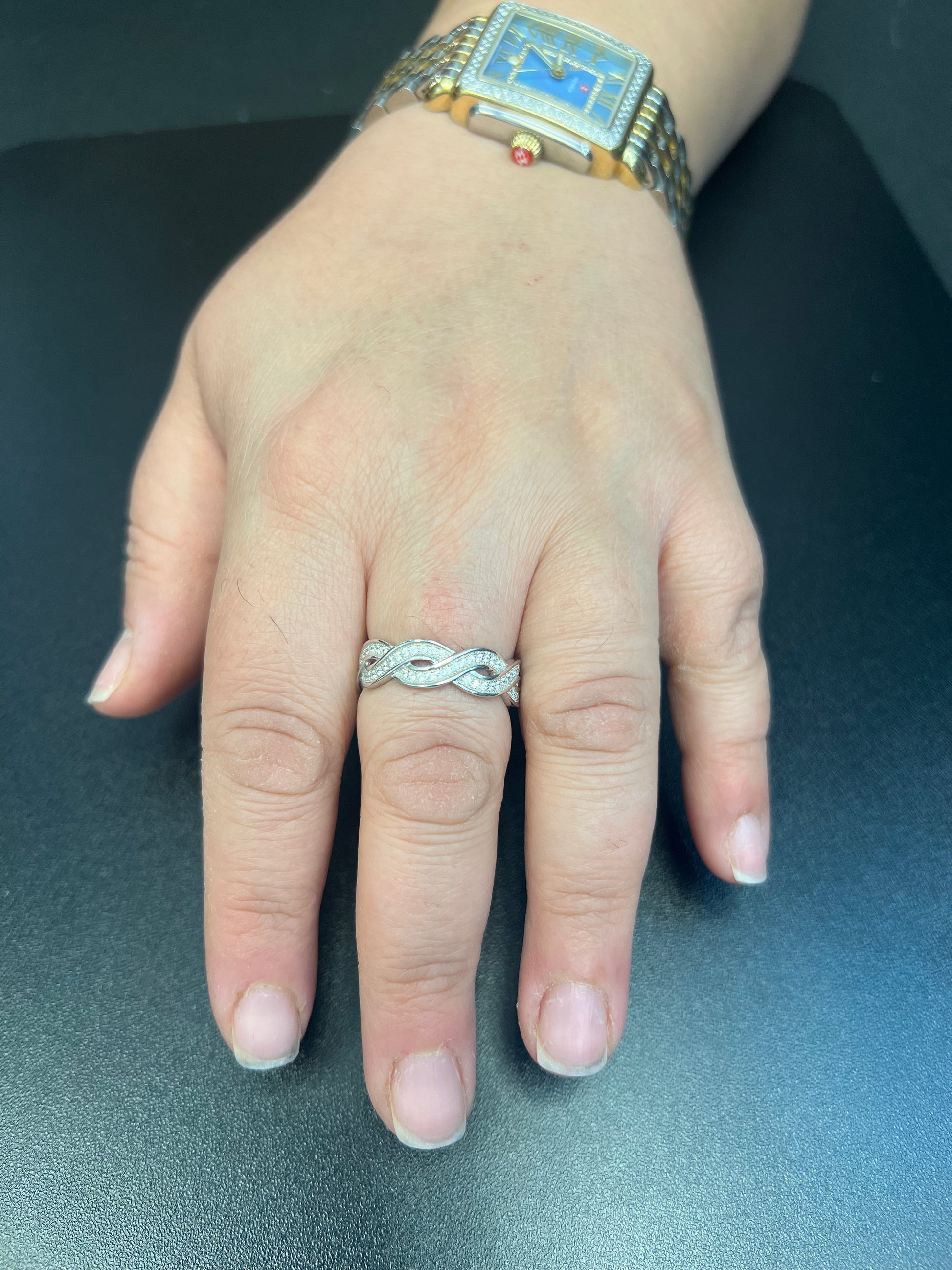 White Gold over Sterling Silver Women's Wide Simulated Diamond Twisted Eternity Band Ring