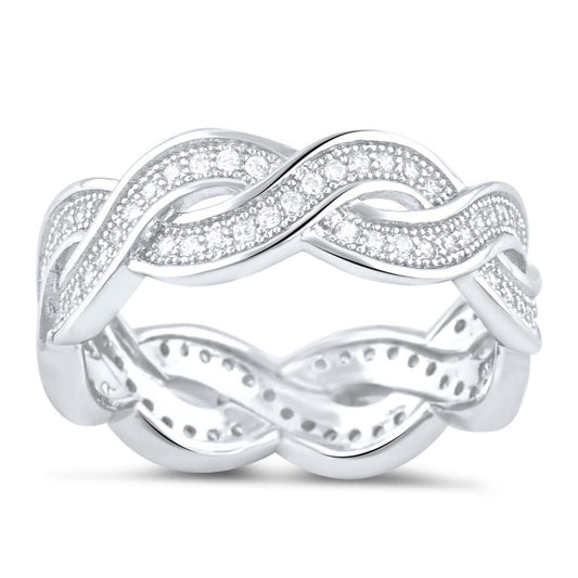 White Gold Over Sterling Silver Womens Wide Simulated Diamond Twisted Eternity Band Ring