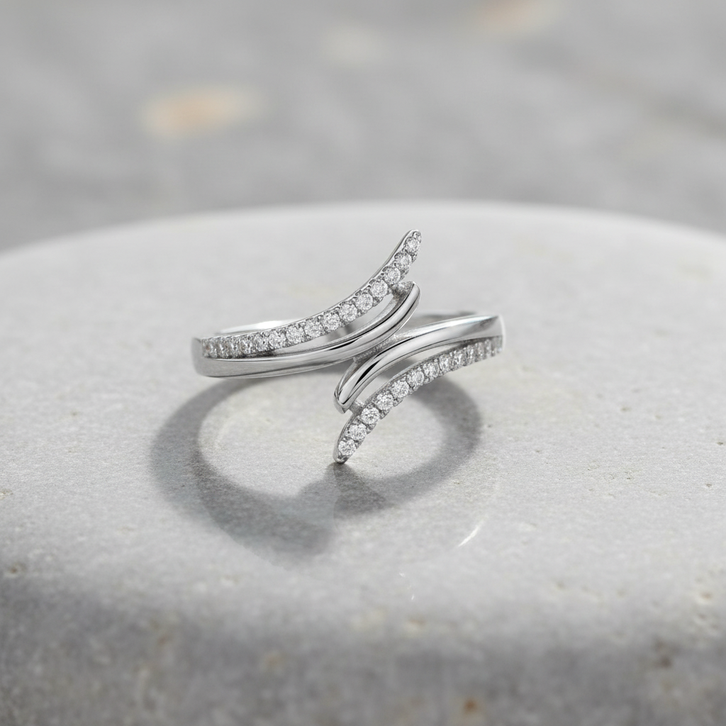 White Gold Dipped Sterling Silver Cz Wrap Around Bypass Ring for Women