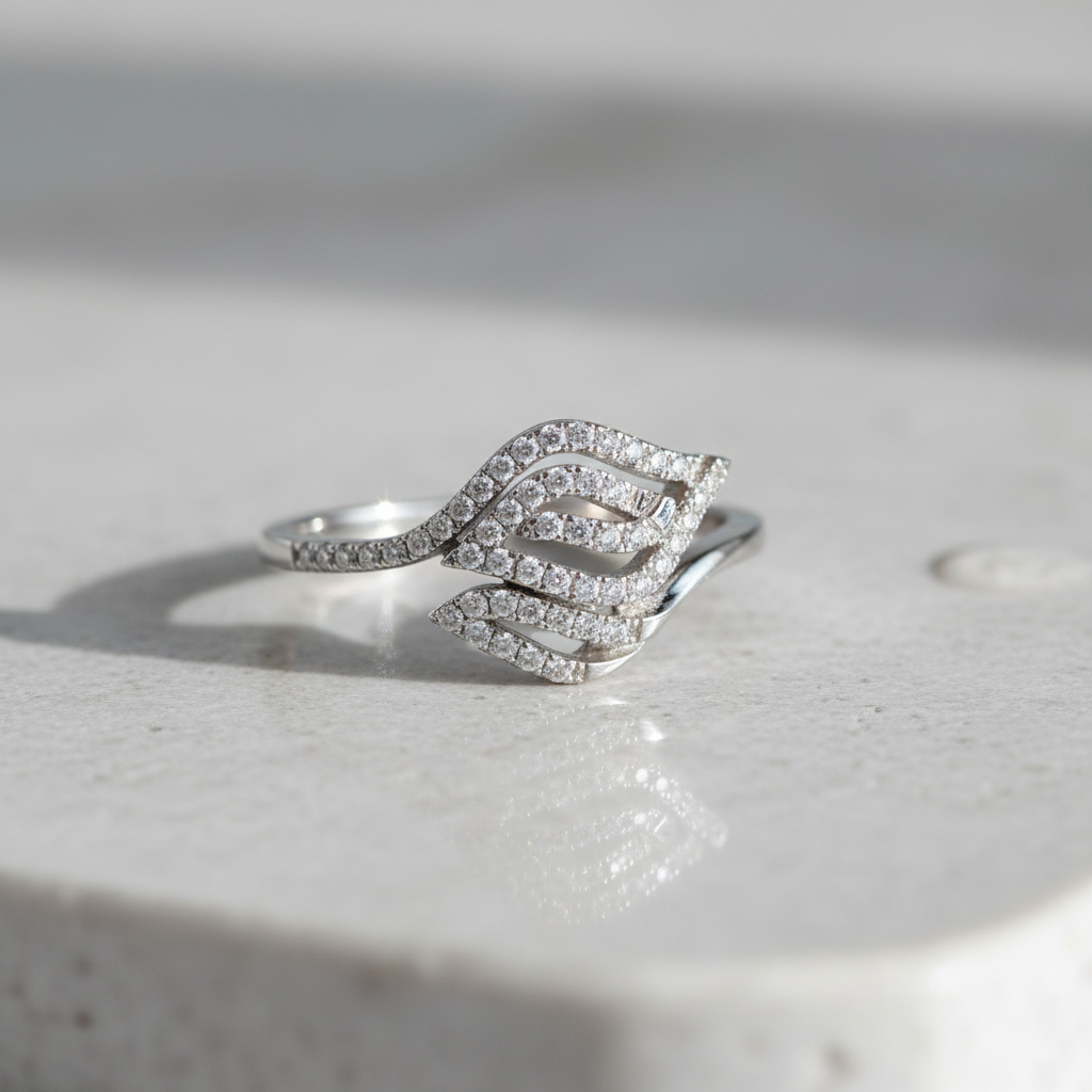 White Gold Dipped Sterling Silver Cz Stackable Leaf Ring for Women