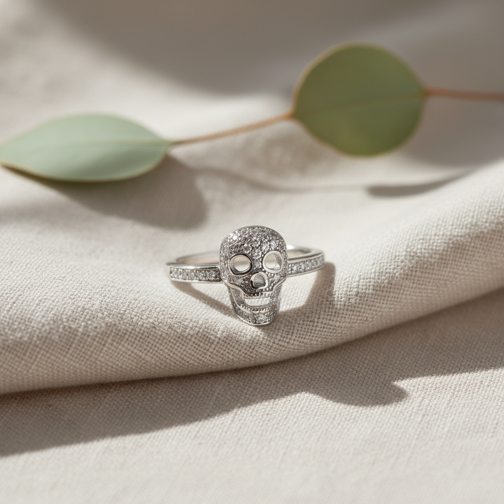 White Gold Dipped Sterling Silver Womens Micro Pave Cz Skull Ring