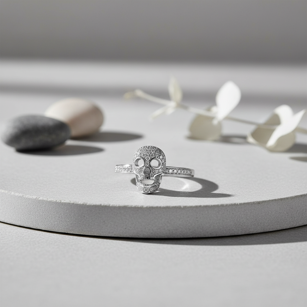 White Gold Dipped Sterling Silver Womens Micro Pave Cz Skull Ring