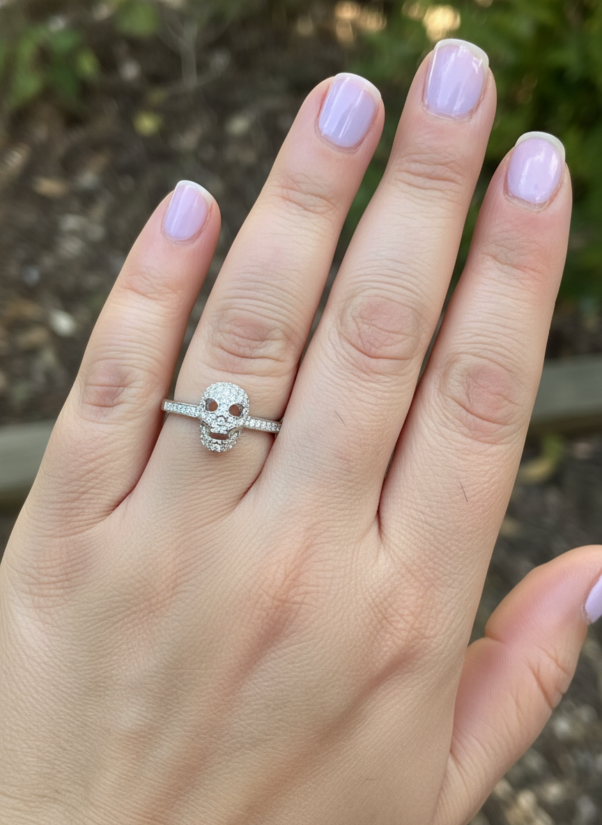 White Gold Dipped Sterling Silver Womens Micro Pave Cz Skull Ring