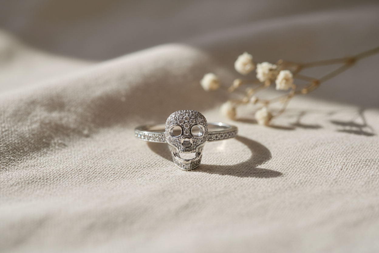 White Gold Dipped Sterling Silver Womens Micro Pave Cz Skull Ring