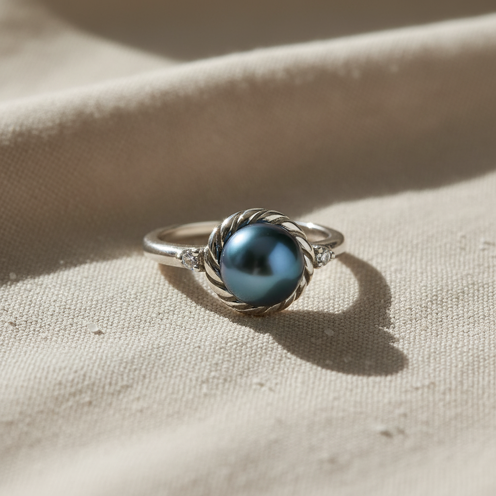 White Gold White Gold over Sterling Silver Women's Tahitian Pearl Solitaire Ring — scale reference