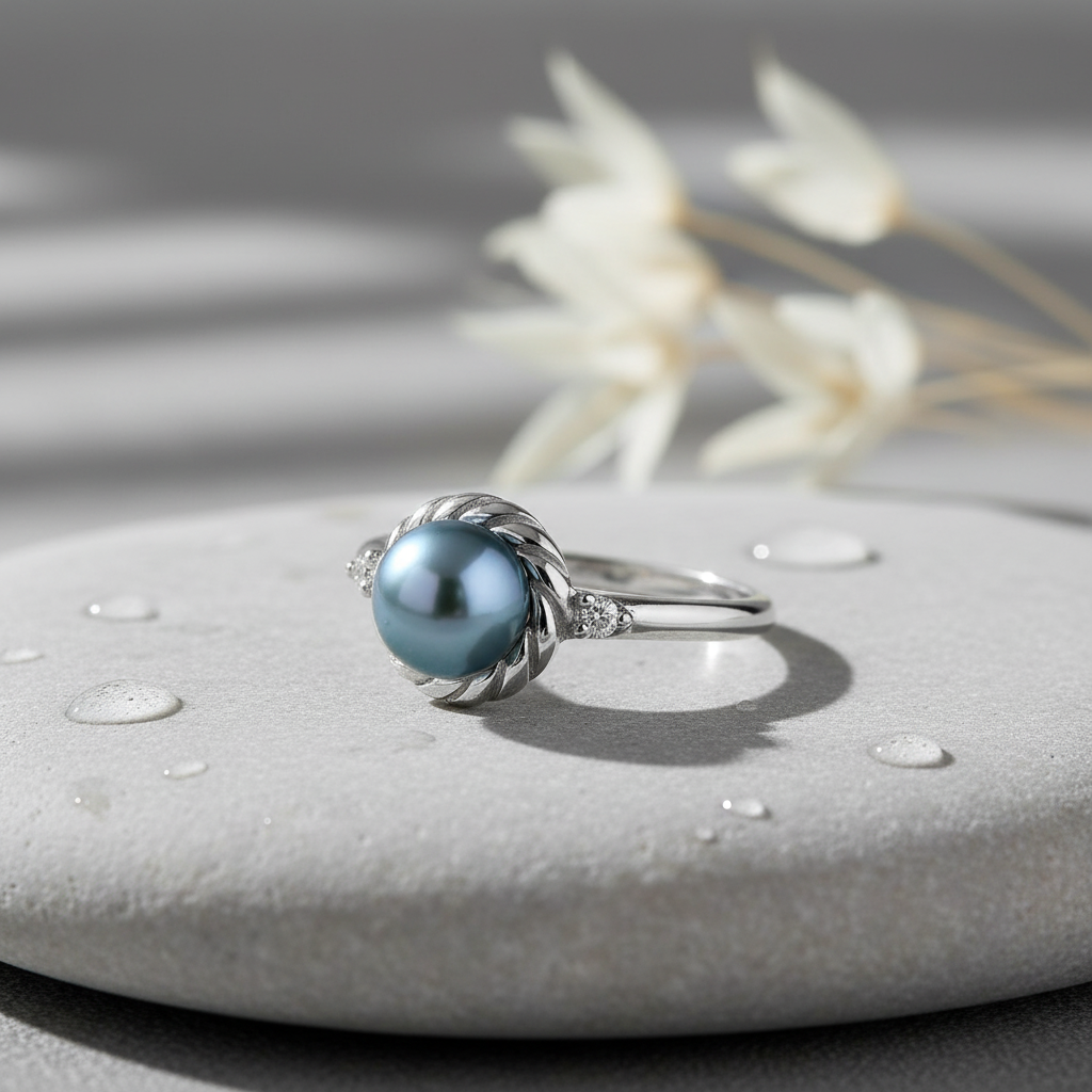 White Gold White Gold over Sterling Silver Women's Tahitian Pearl Solitaire Ring — alternate view
