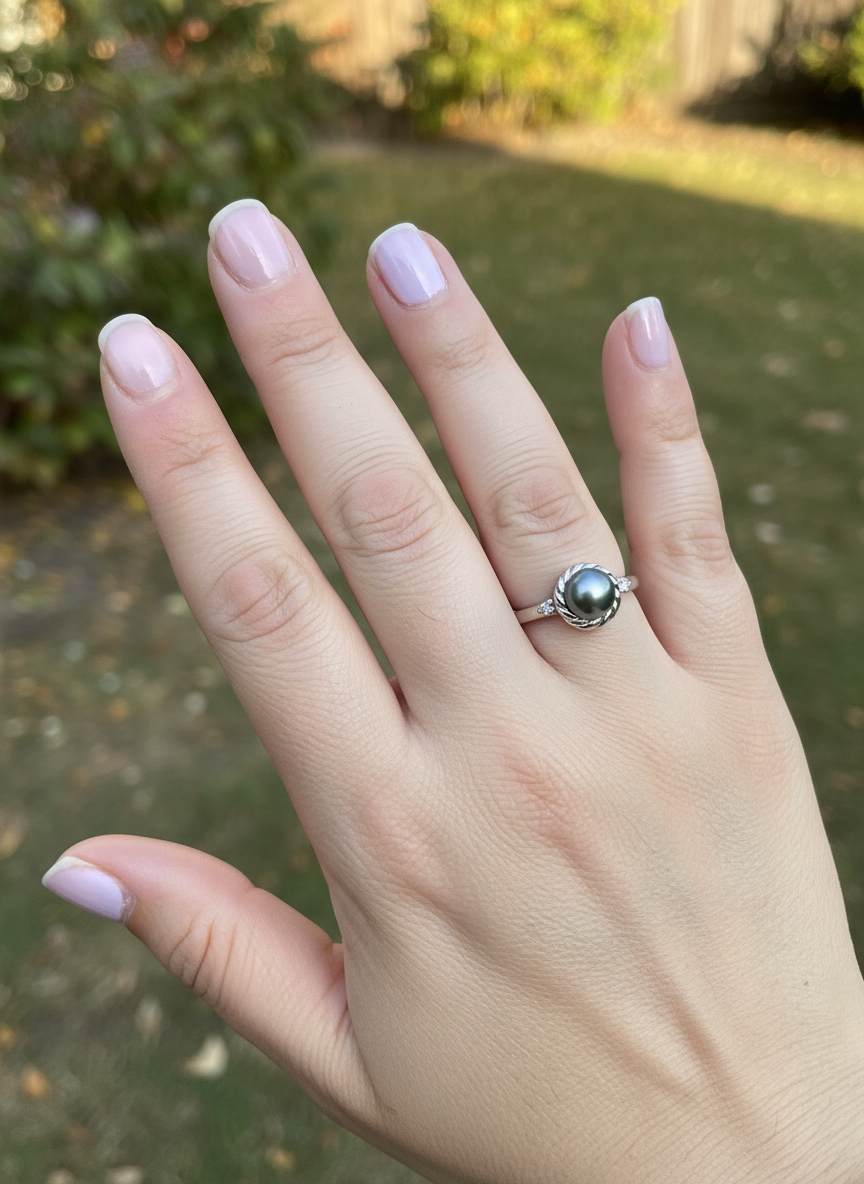 White Gold White Gold over Sterling Silver Women's Tahitian Pearl Solitaire Ring — view 10