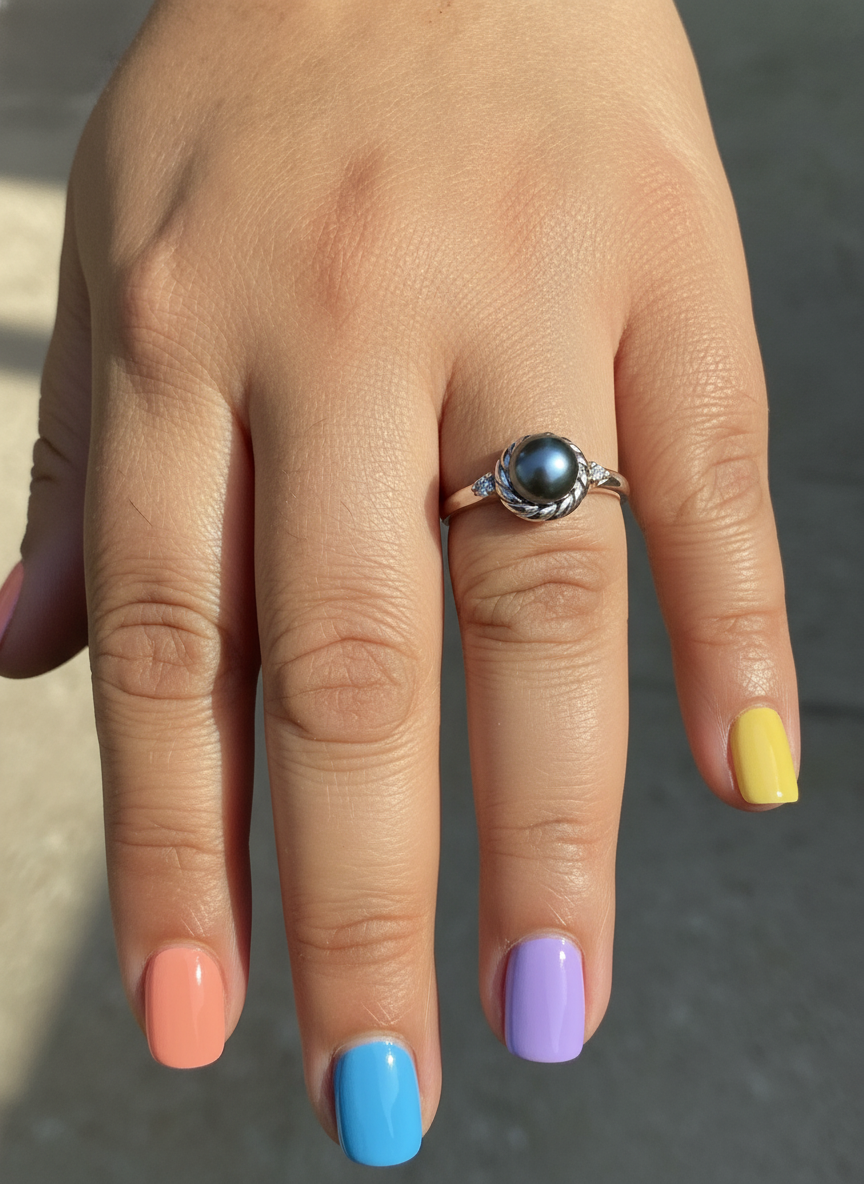 White Gold White Gold over Sterling Silver Women's Tahitian Pearl Solitaire Ring — view 9