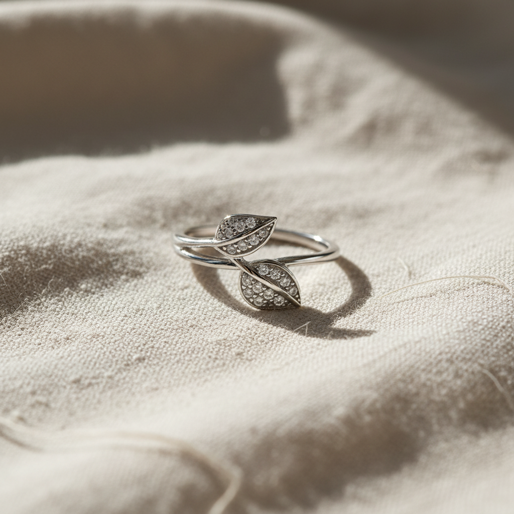 White Gold White Gold over Sterling Silver Women's Dainty Simulated Diamond Stackable Leaf — alternate view