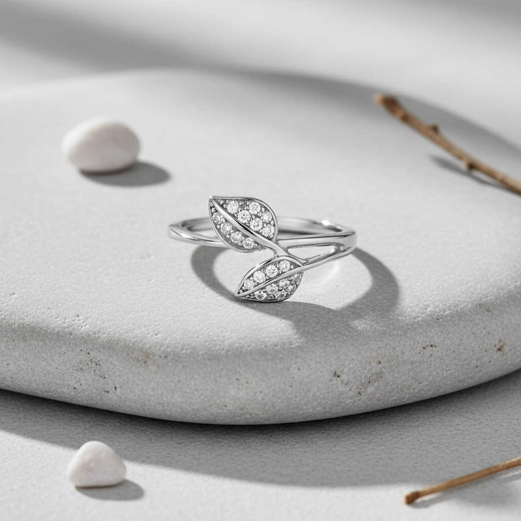 White Gold White Gold over Sterling Silver Women's Dainty Simulated Diamond Stackable Leaf — scale reference