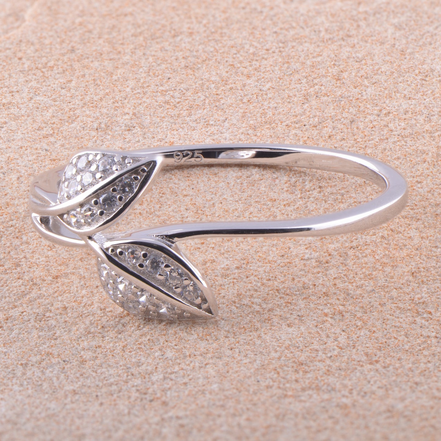 White Gold Over Sterling Silver Womens Dainty Simulated Diamond Stackable Leaf Ring