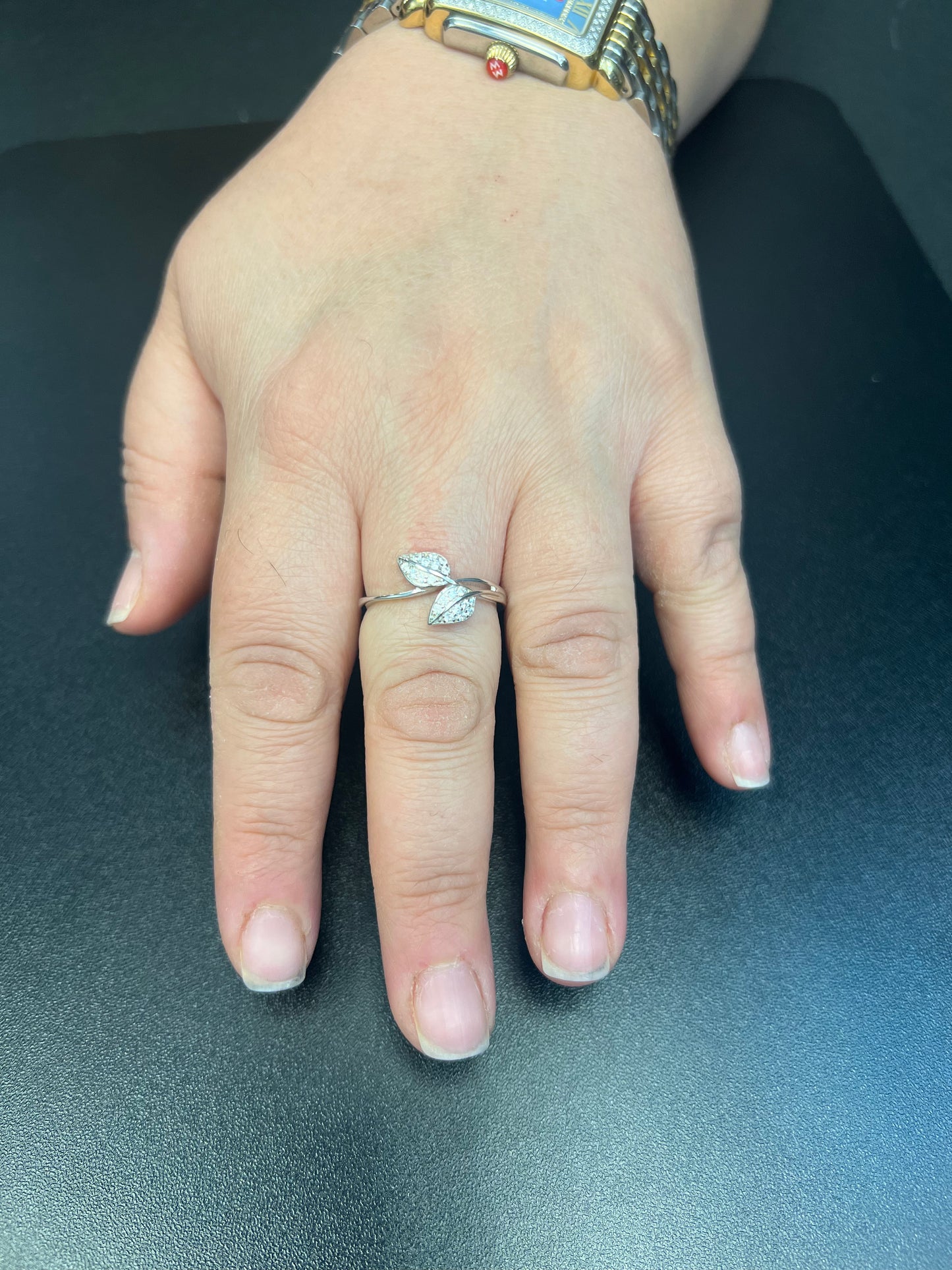 White Gold over Sterling Silver Women's Dainty Simulated Diamond Stackable Leaf Ring